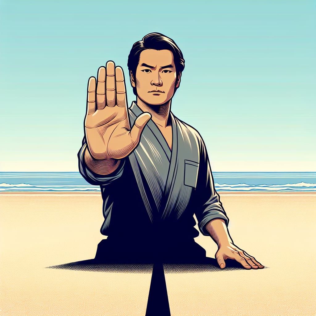 Serene Asian Gentleman Signals Stop on the Beach