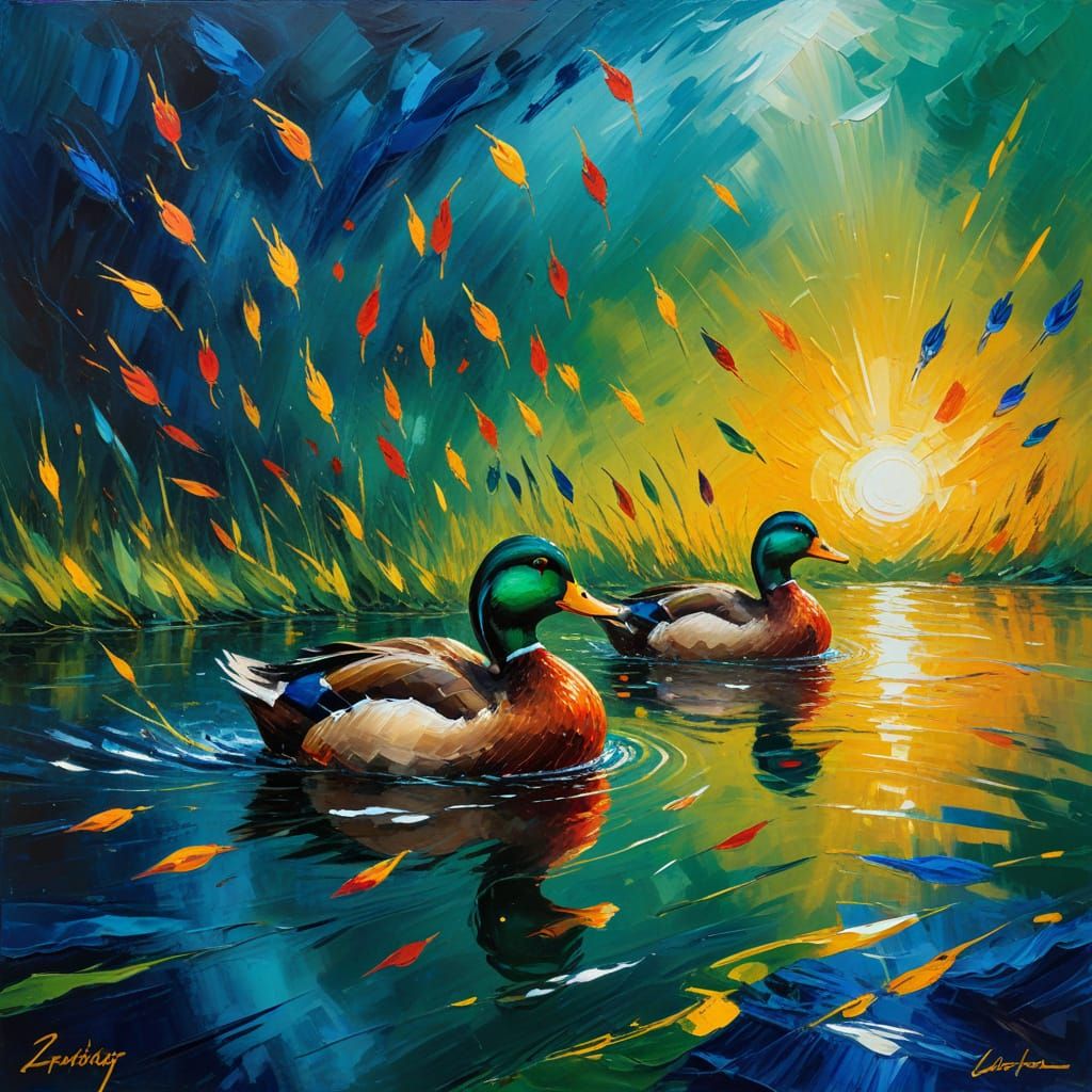 Impressionist Ducks in Vivid Action Painting Style