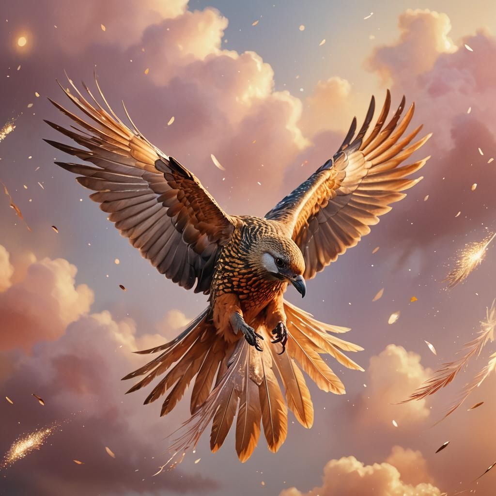Golden Hour Bird in Flight with Glittering Feathers