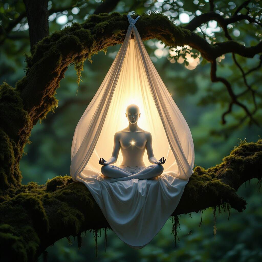Radiant Being Meditating in Luminous Forest Cocoon