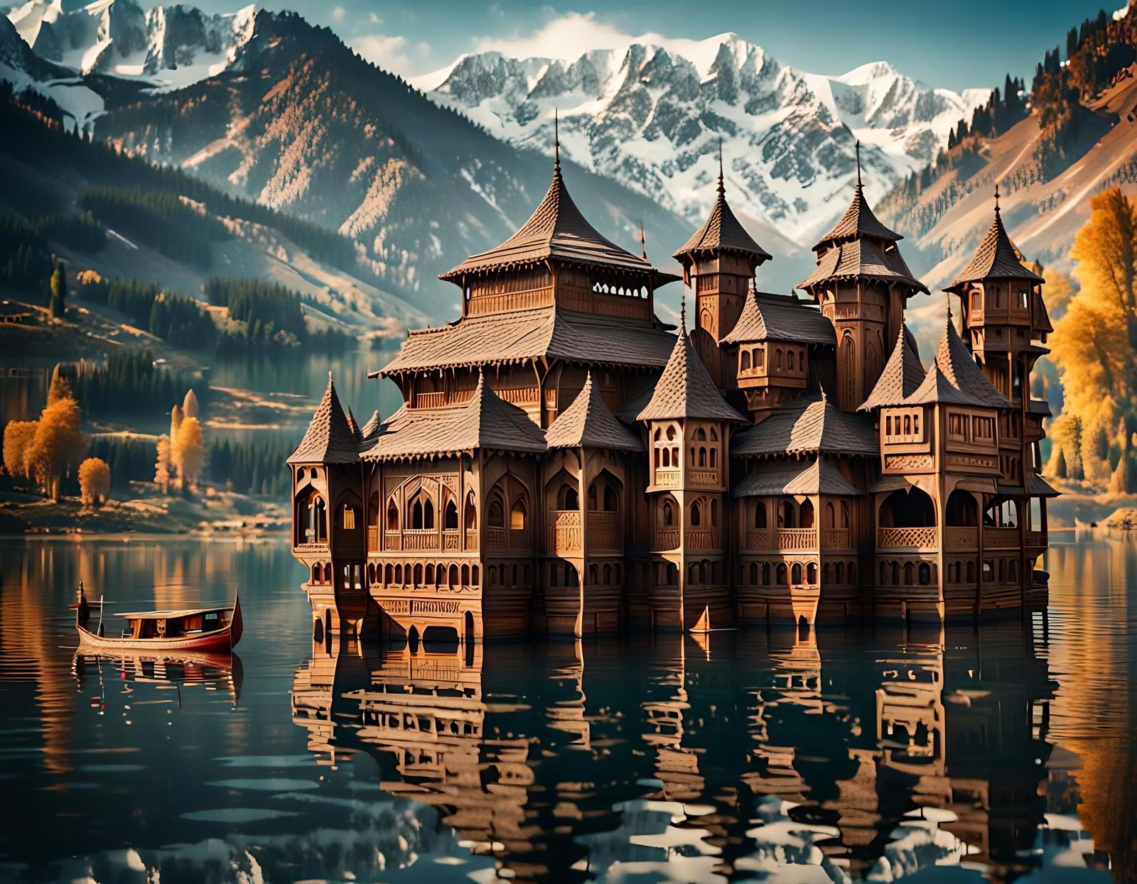 Floating Kashmiri Castle in Serene Lake Setting