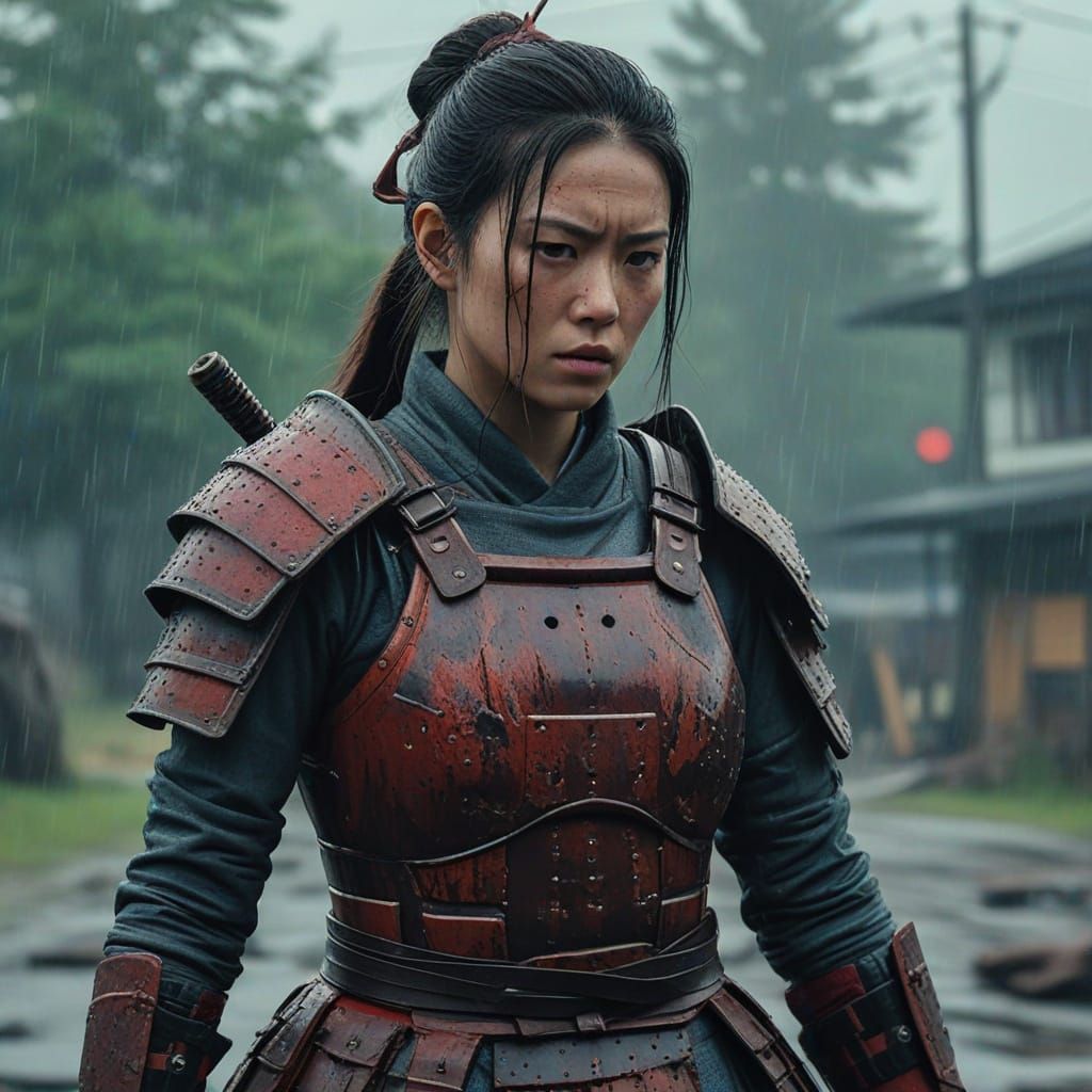 Furious Samurai Warrior Bleeding on Battlefield