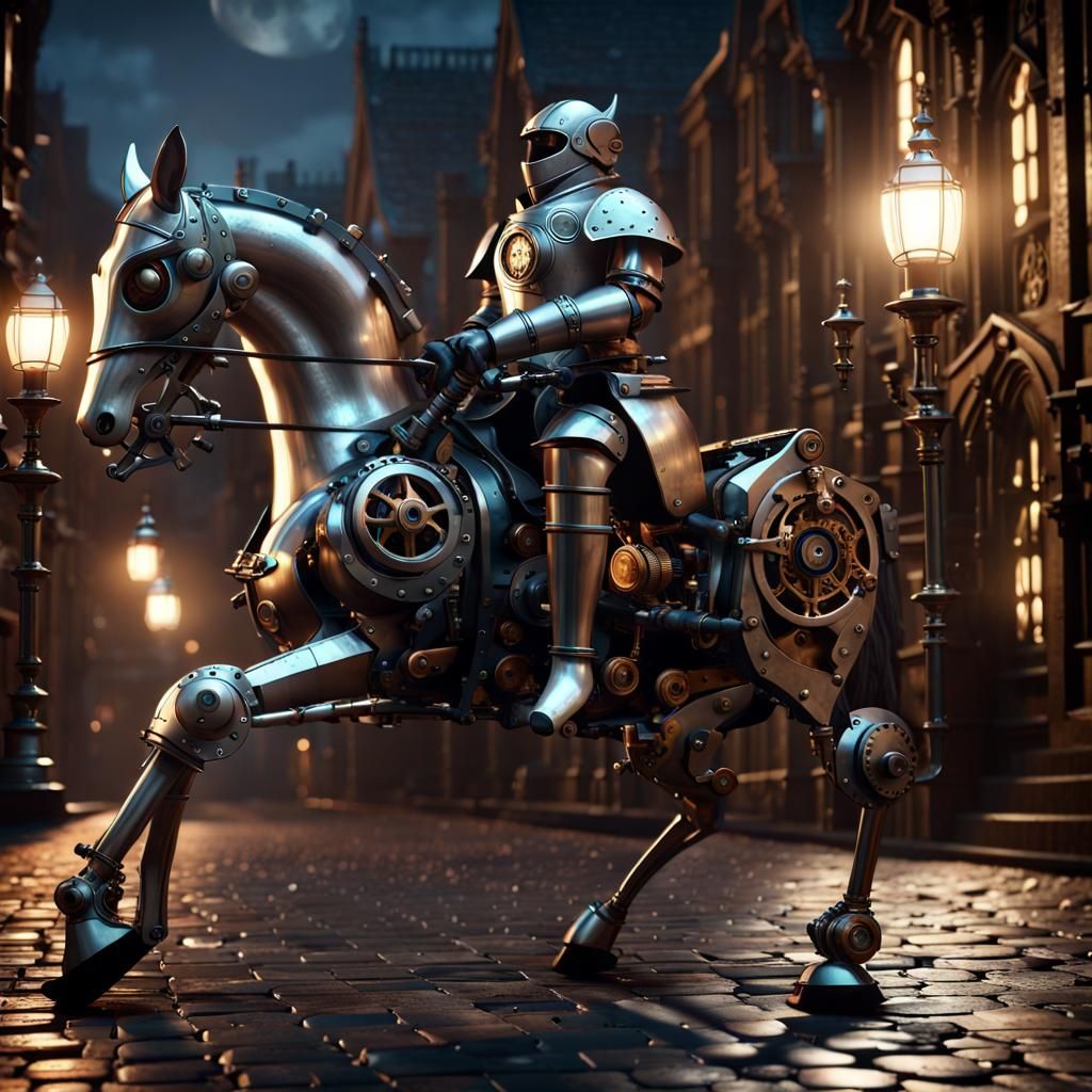 A clockwork knight on a steampunk horse rides down the cobblestone streets of a gothic town under moonlight intricate me...