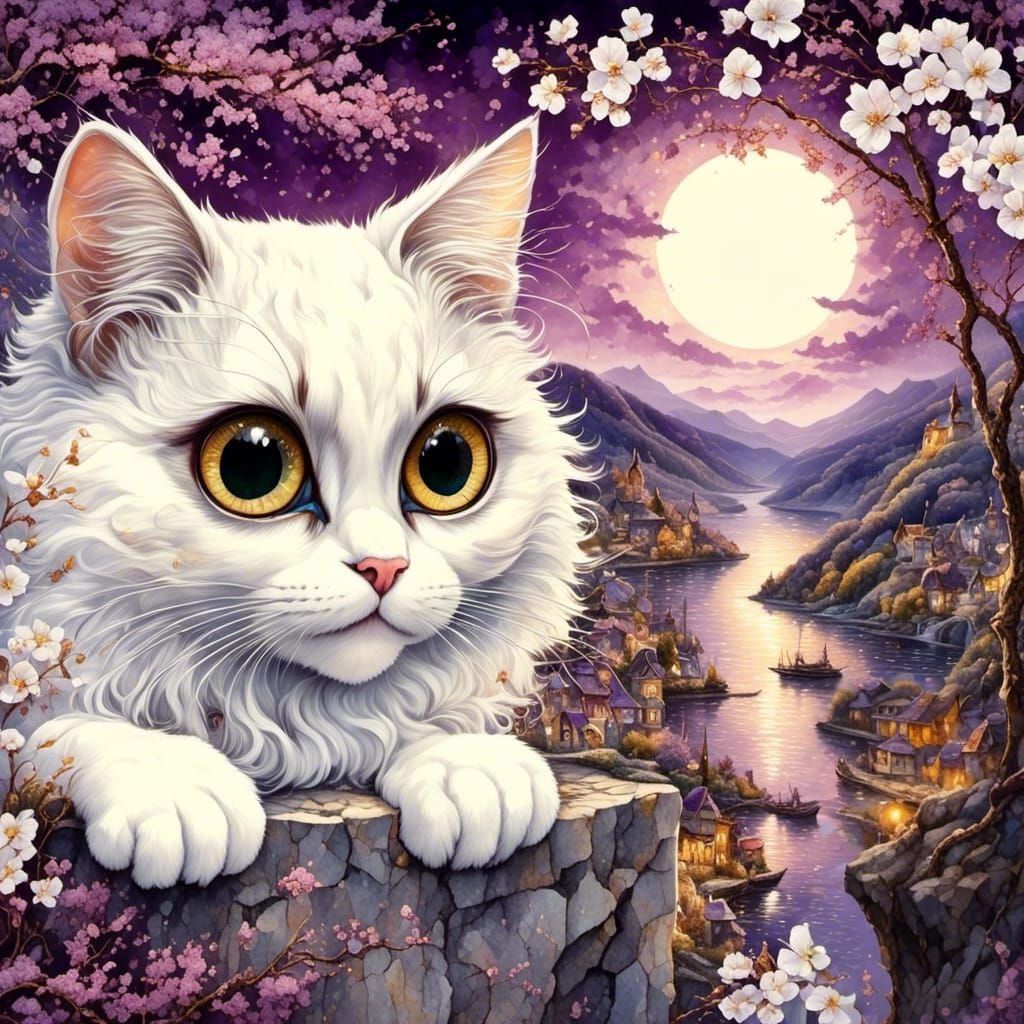 Majestic White Cat Under Spring Moonlight
