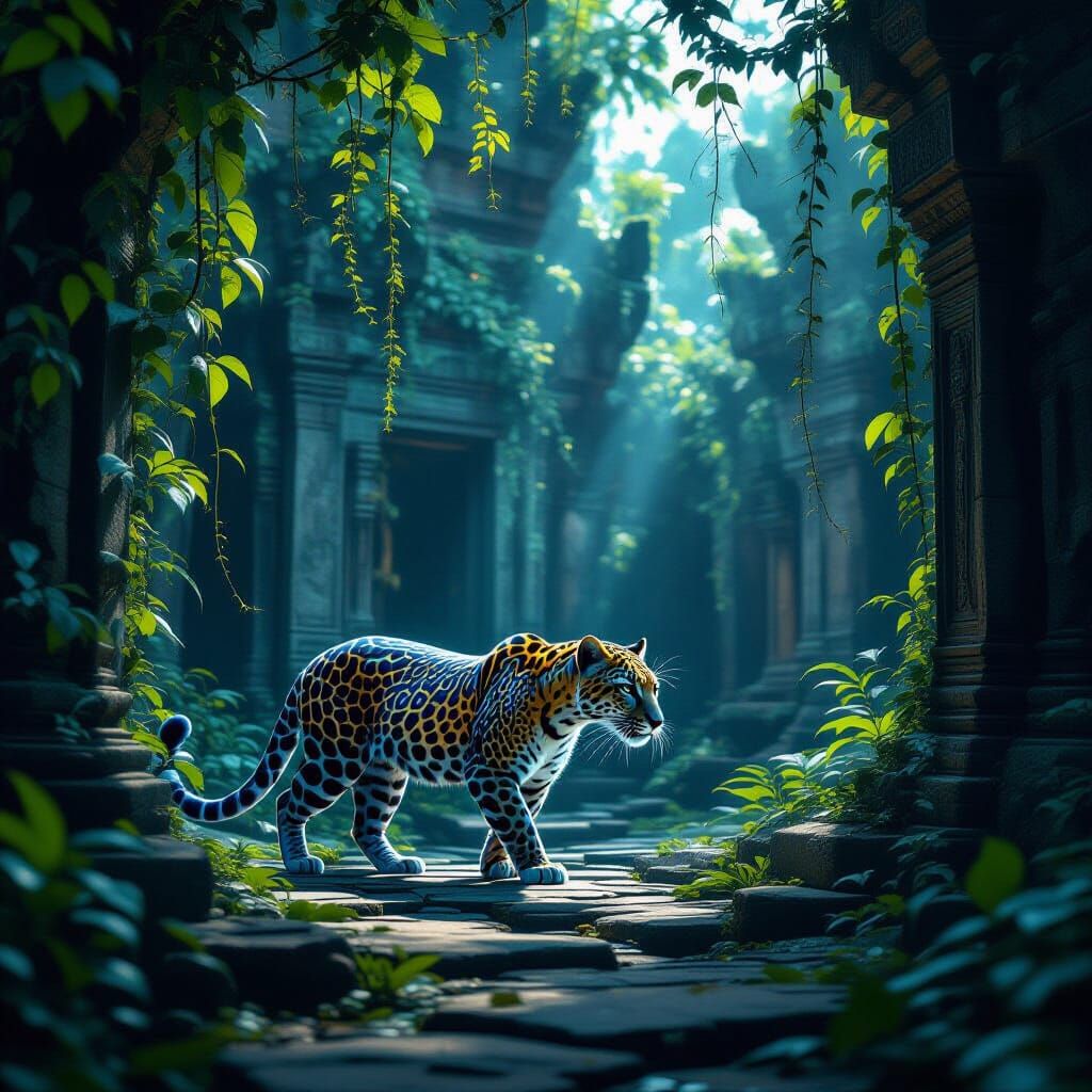 Bioluminescent Leopard in Ancient Temple