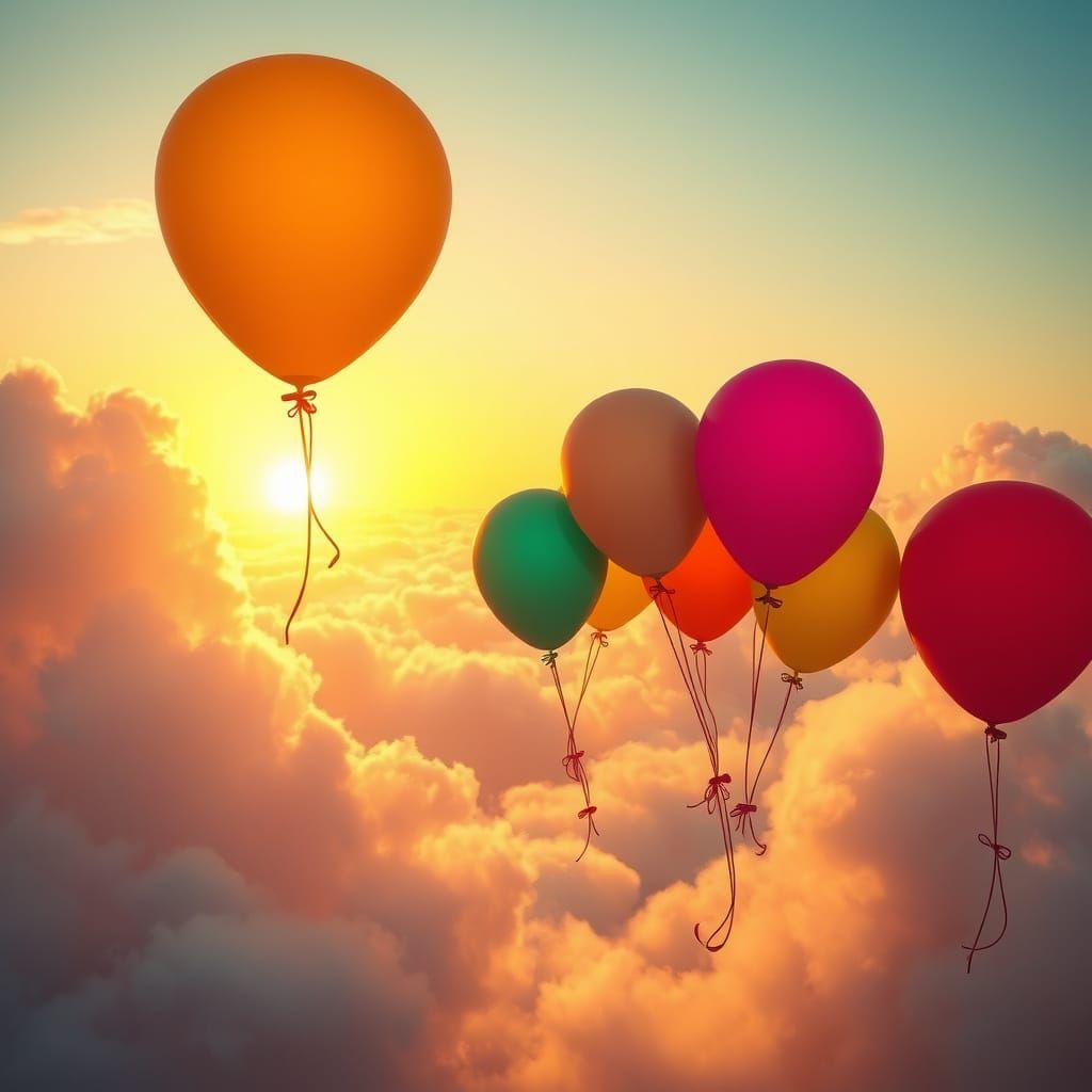 Balloons Drifting into Golden Sunrise: Digital Art