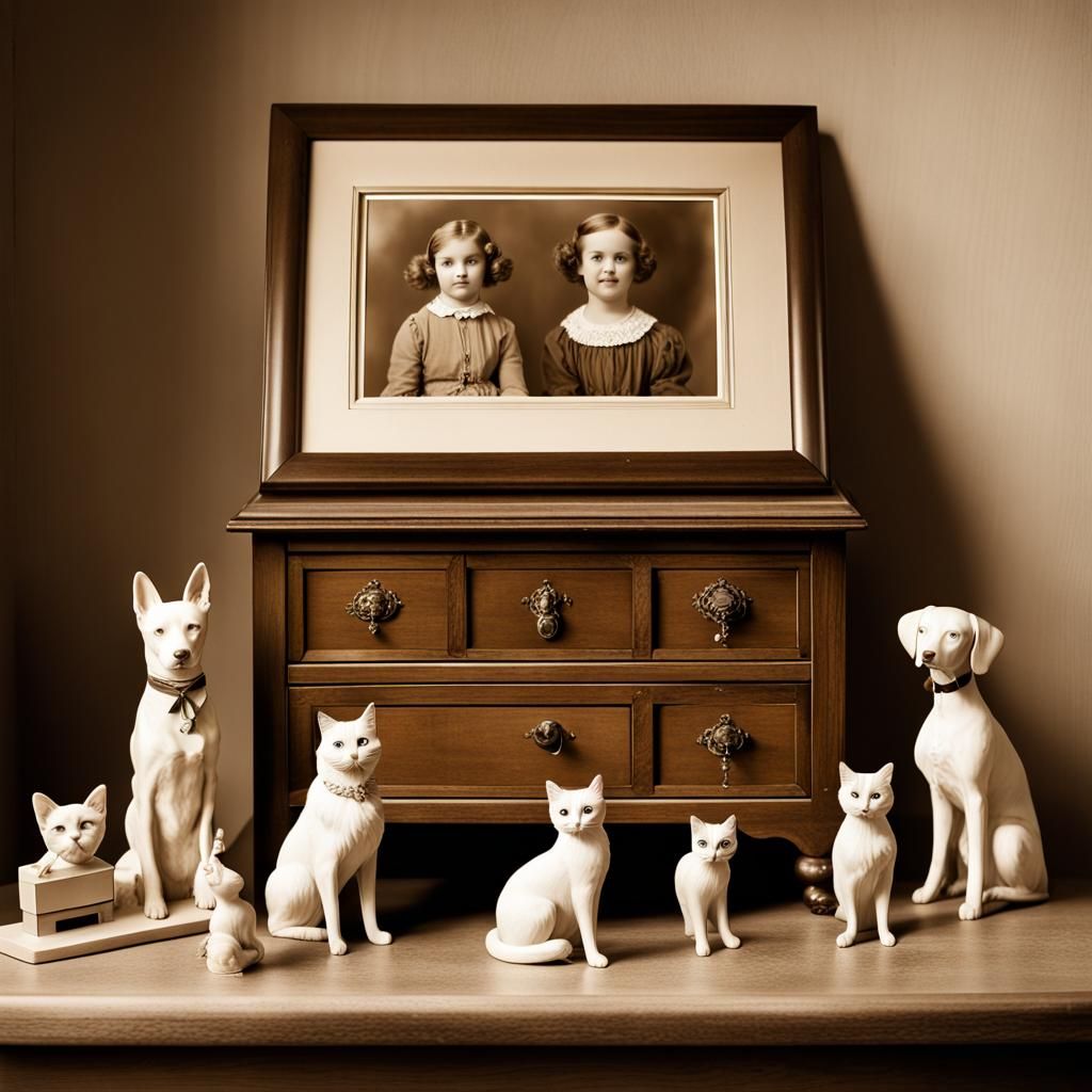 Antique Style Wooden Chest with Figurines and Sepia Photo