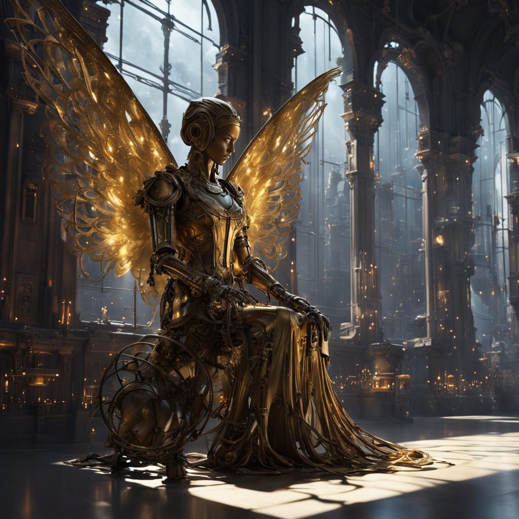 Cyberpunk Angel Watches Over Cherubic Toddler in Futuristic...