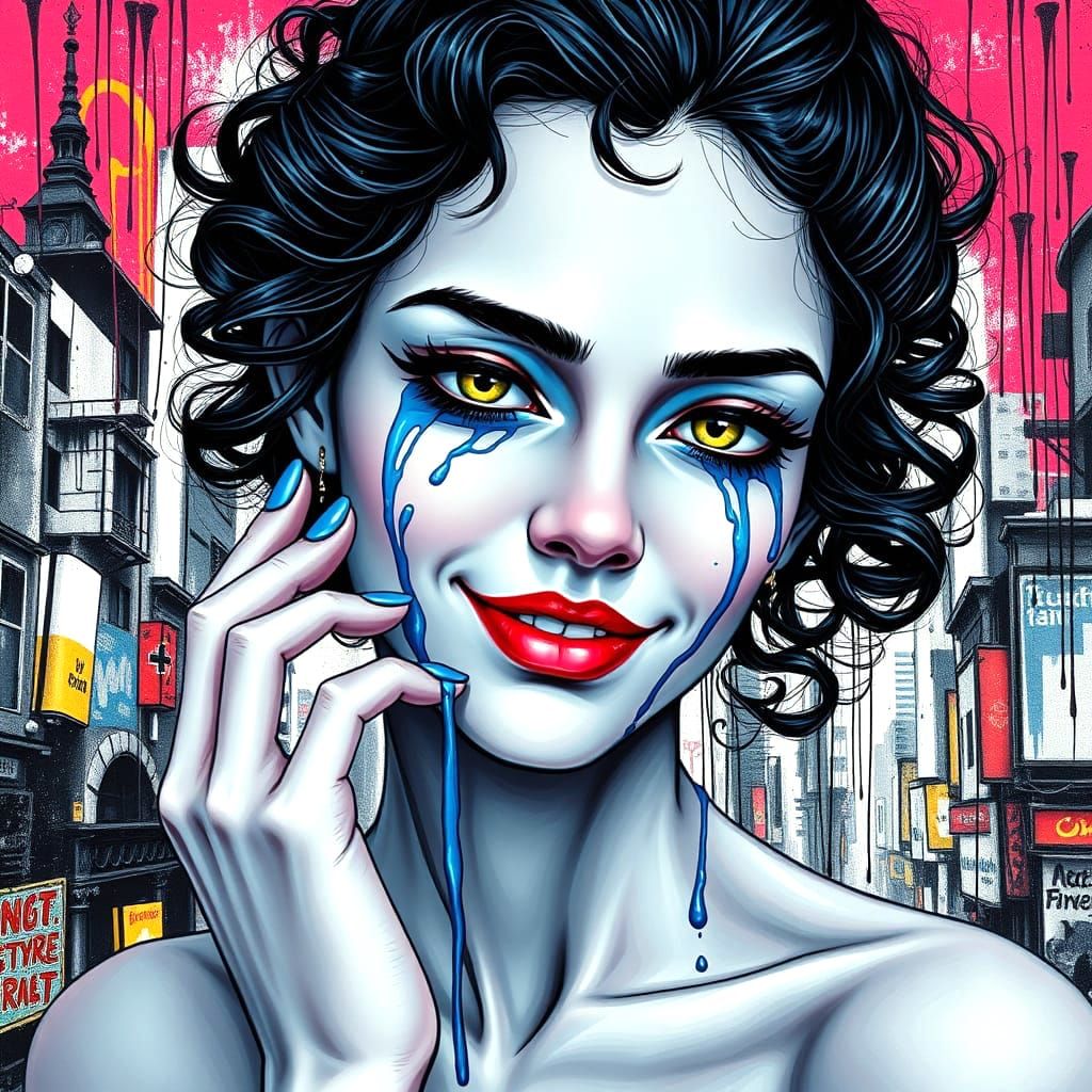 Serenely Smiling Young Woman in Vibrant Graffiti Art