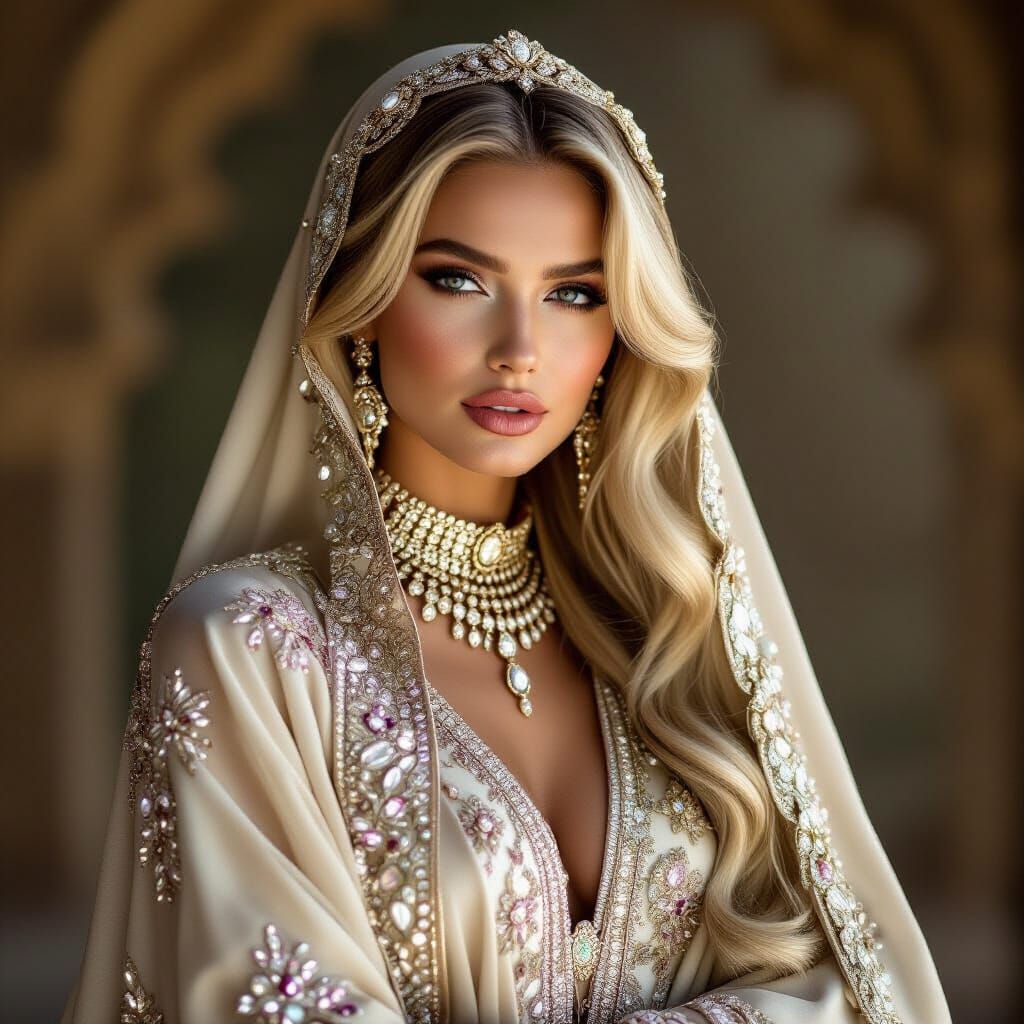 Majestic Blonde Model in Opulent Jewel-Toned Abaya