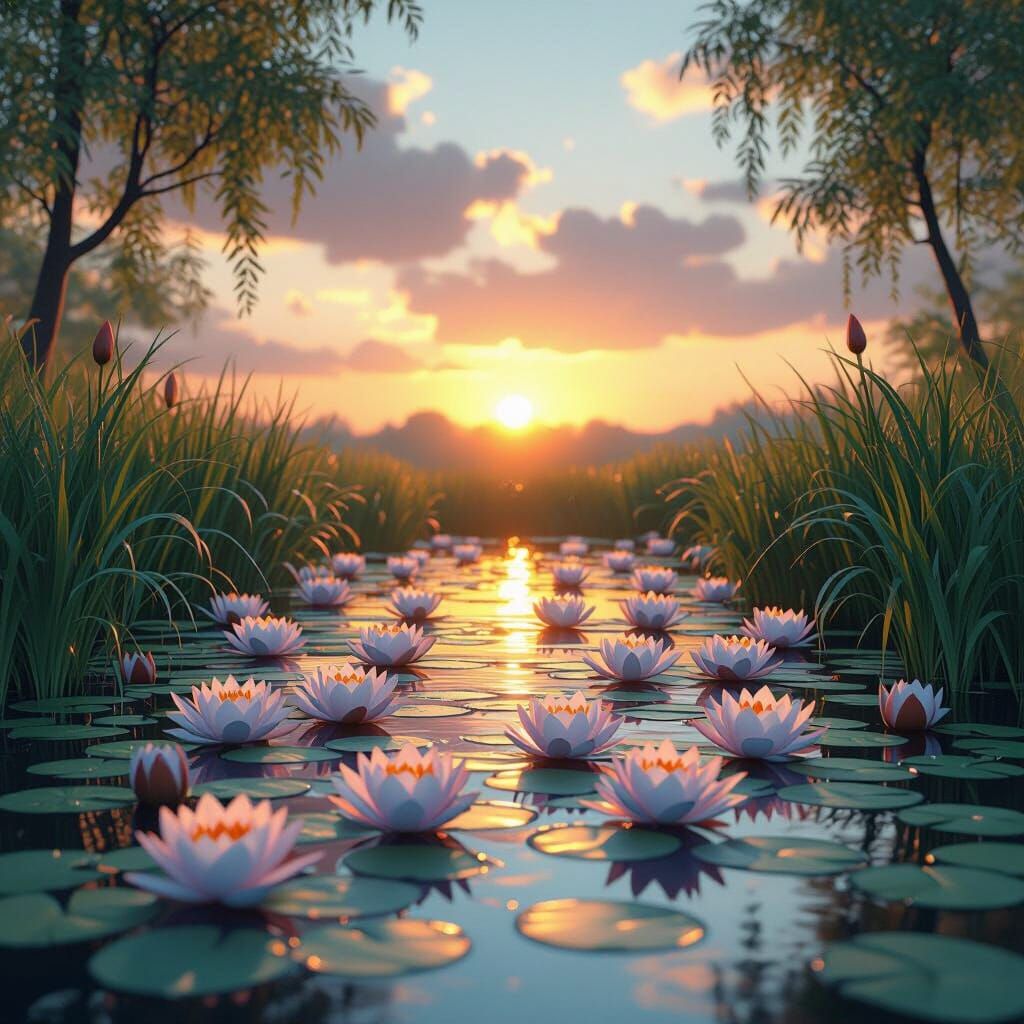 Serene Water Lilies Pond at Sunset
