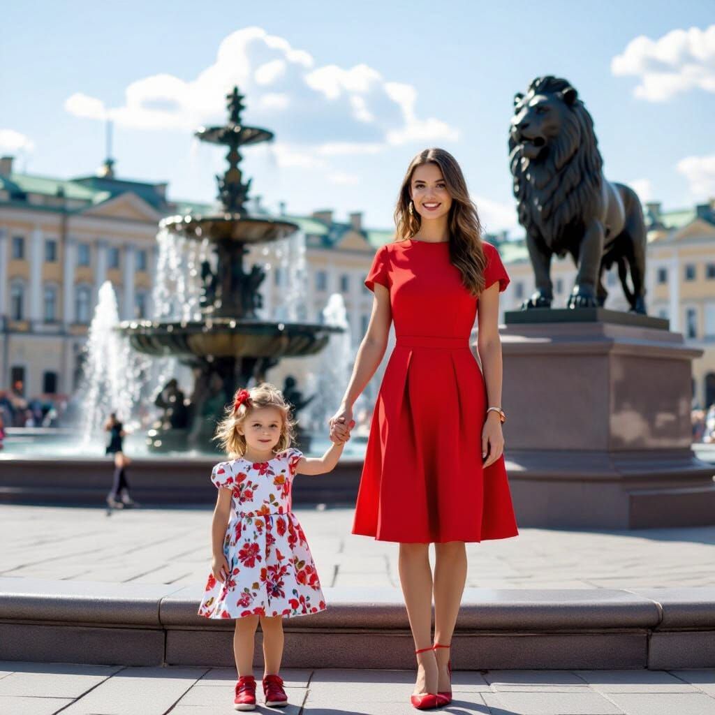 Woman and Child at Fountain on Sunny Day