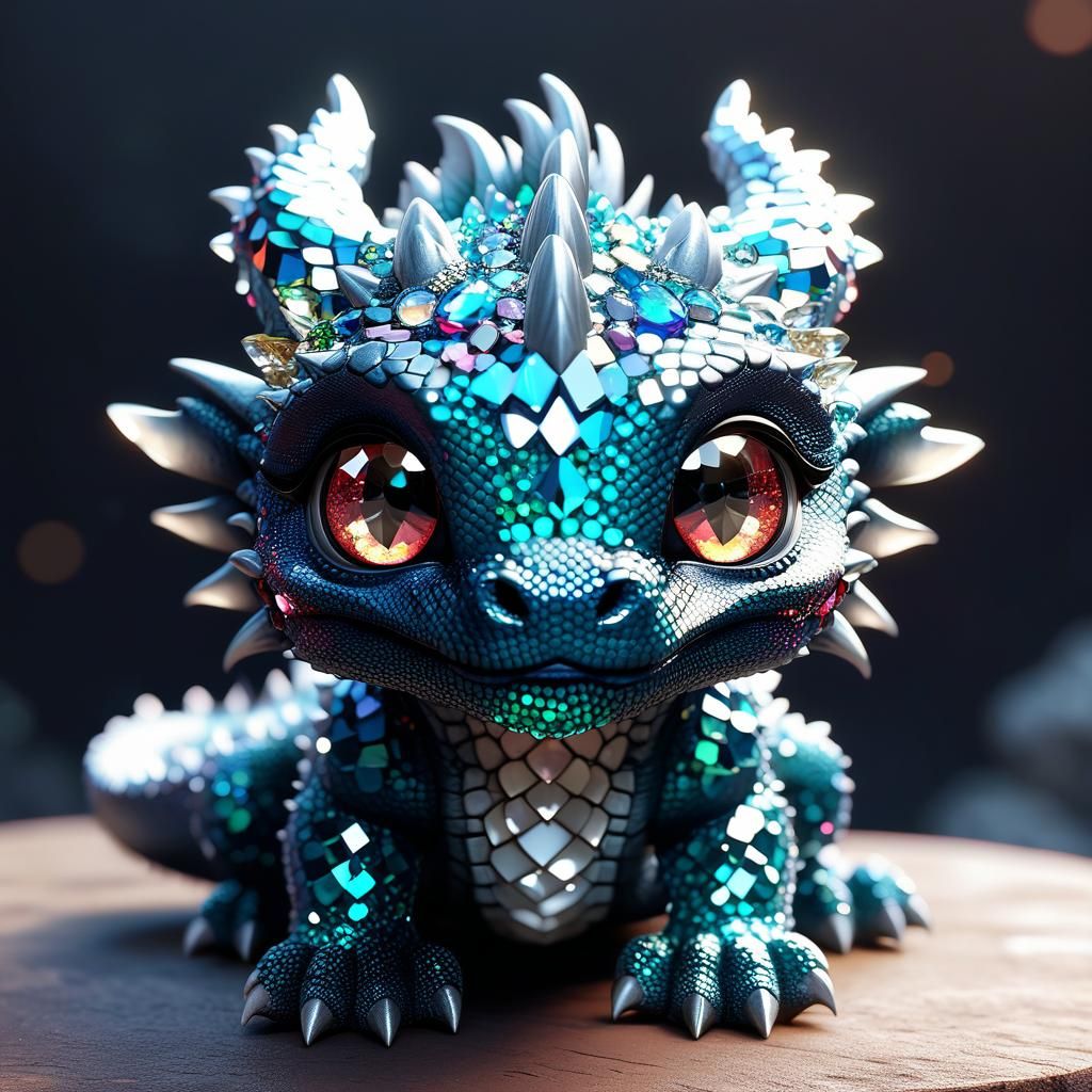 Vibrant Chibi Dragon Concept Art with Swarovski Crystal Eyes