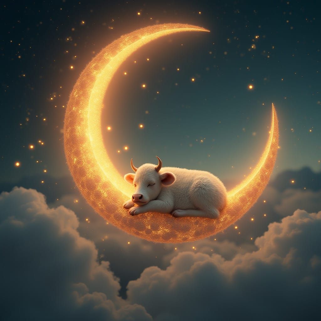 A Baby Cow Sleeps on an Ethereal Topaz Moon