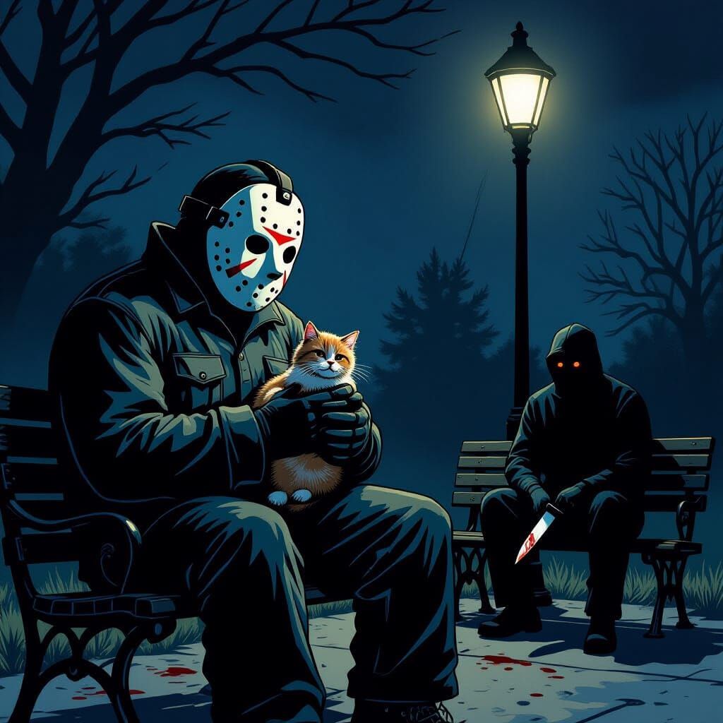 Horror Icons Jason & Michael Myers with a Cat