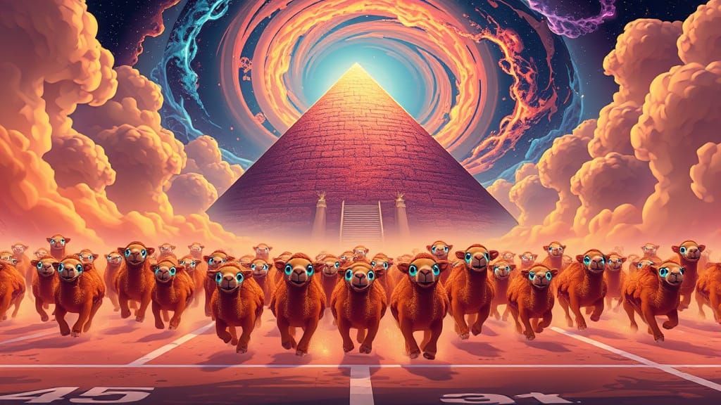 Cartoon Camels in a Neon Desert Dreamscape