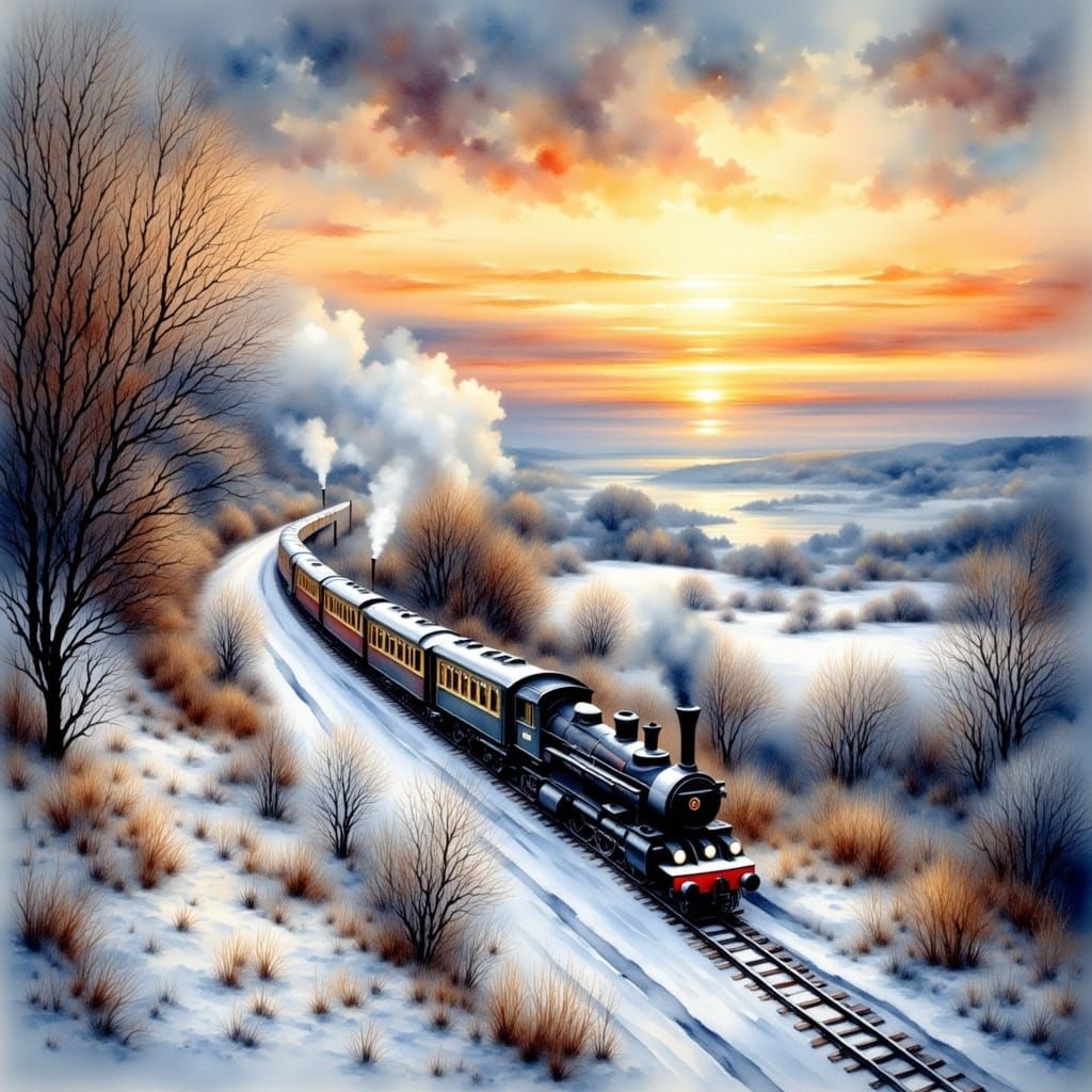 Winter Train in Snowy English Countryside at Sunset