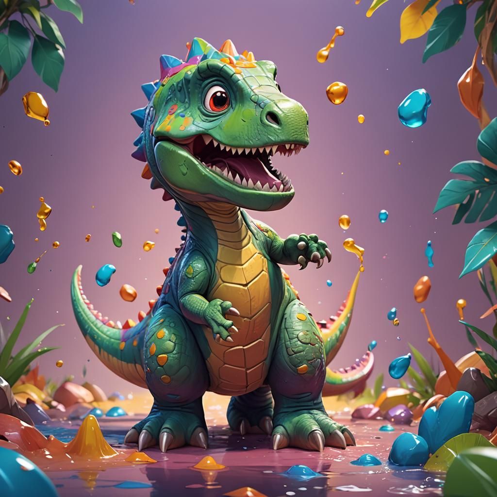 Whimsical Cartoon Dinosaur in Vibrant Splash Art