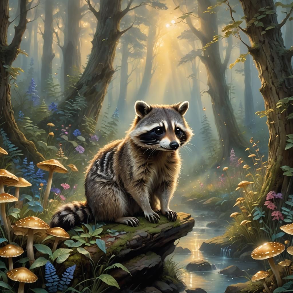Whimsical Raccoon Steps into Enchanted Forest