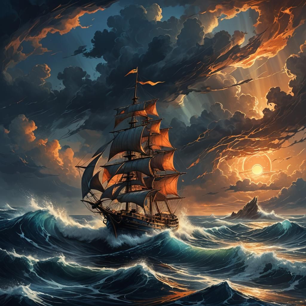 Dramatic Dark Fantasy Sea Scene with Sail Boat