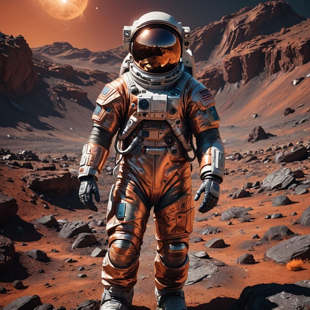 Astronaut Standing on Rugged Alien Landscape in Cinematic Sc...