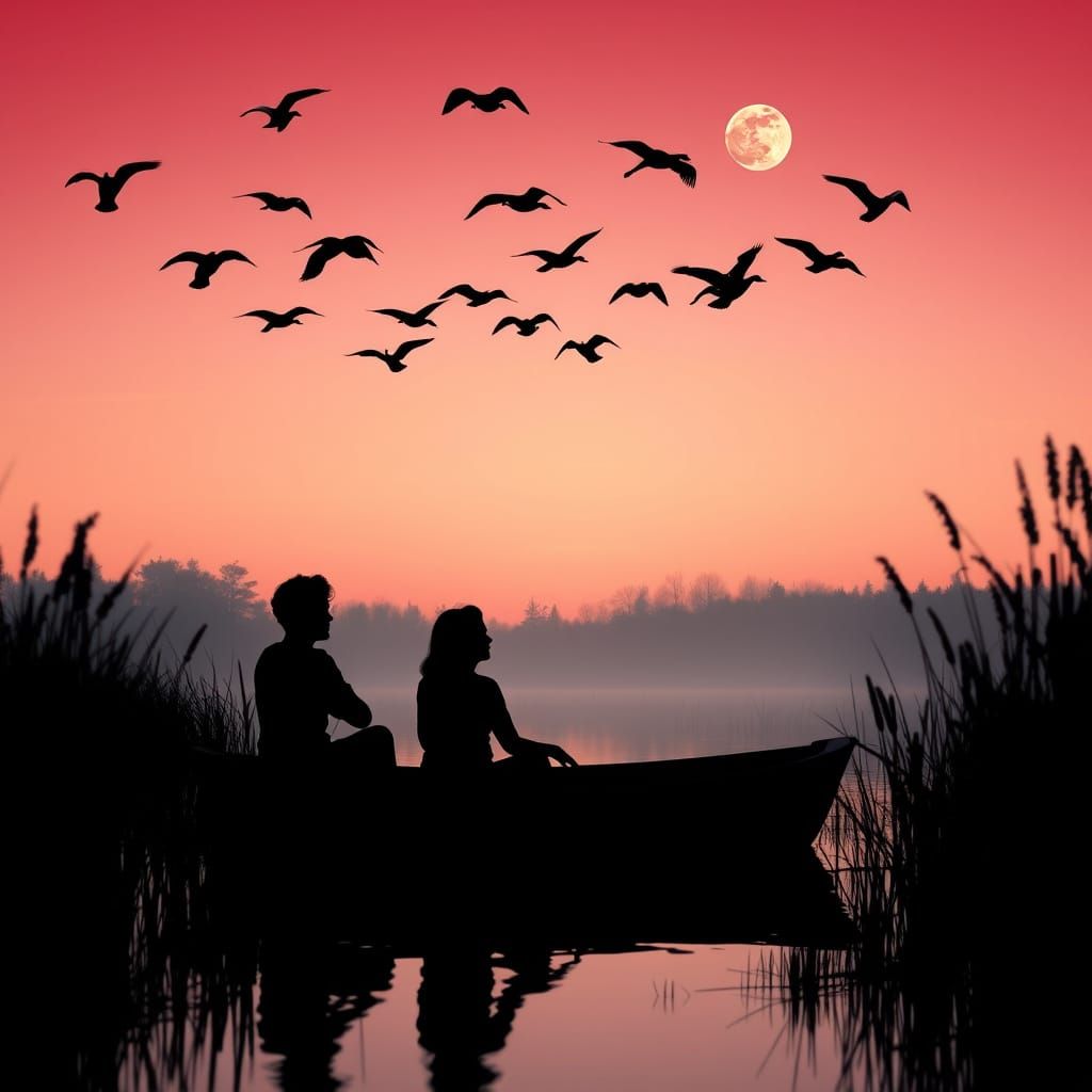 Romantic Sunset Silhouette: Couple in Rowboat on Pond