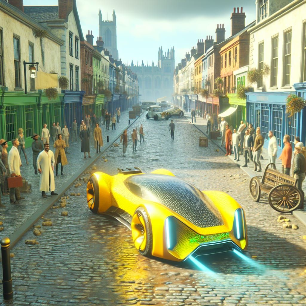 Spectacular Futuristic Car Unveiling in a Bustling City Stre...