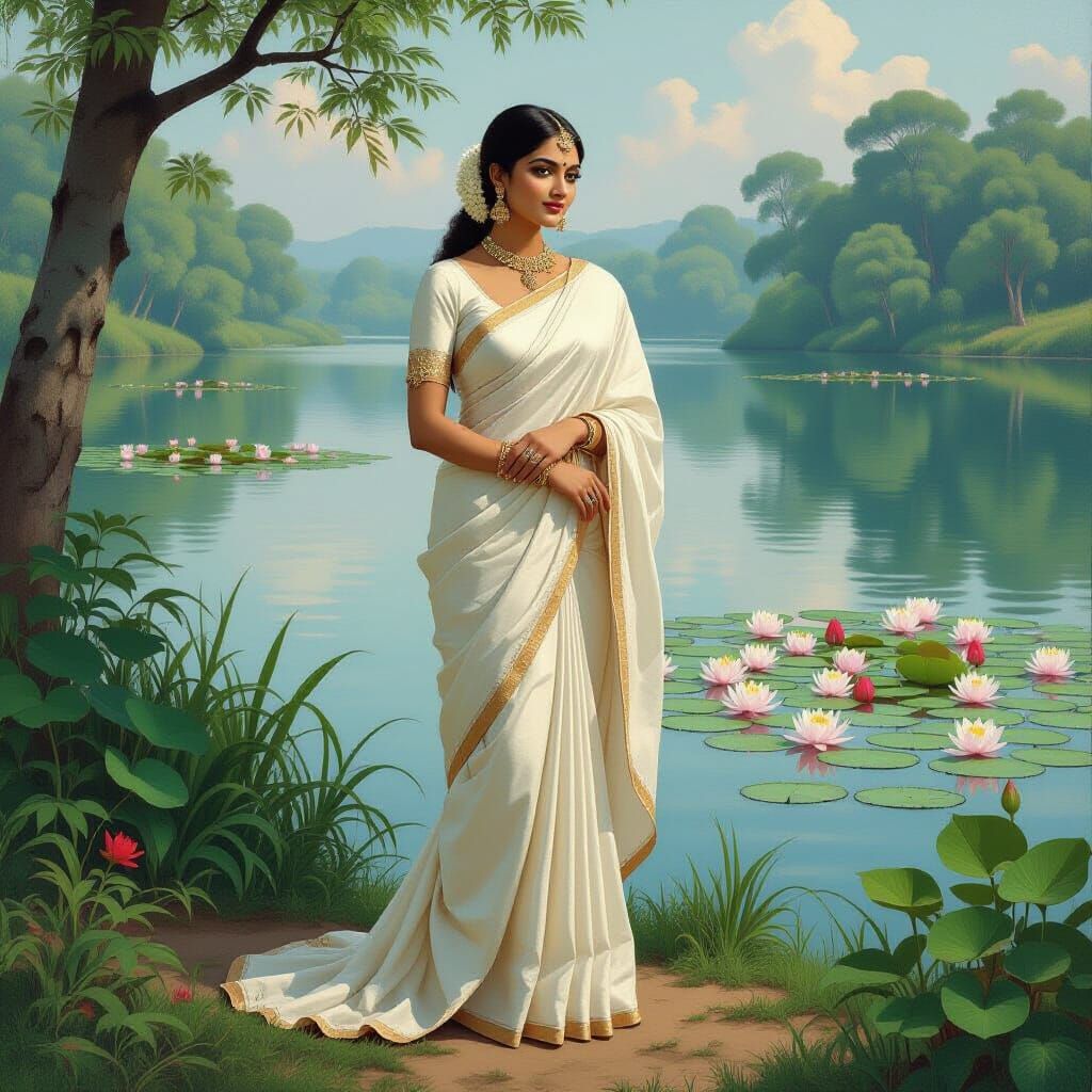 Capture an Indian woman in a classical, romantic realism sty...