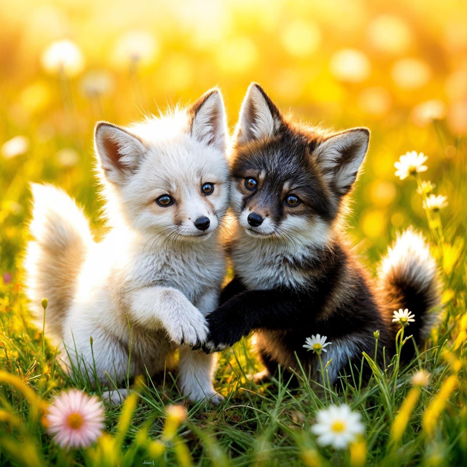 Playful Fox Kits in Meadow, Photorealistic Style