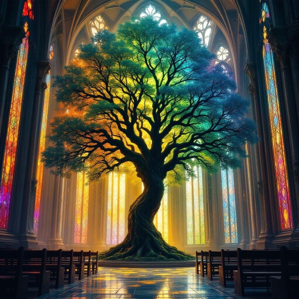 Vibrant Tree in Gothic Church, Art Nouveau Style