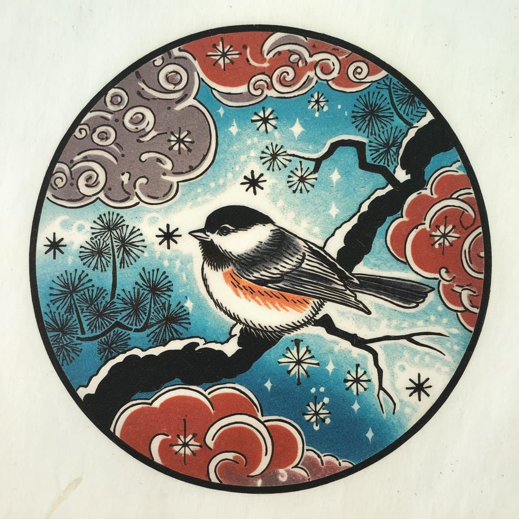 circular frame. Woodcut. A Japanese-inspired tattoo design f...