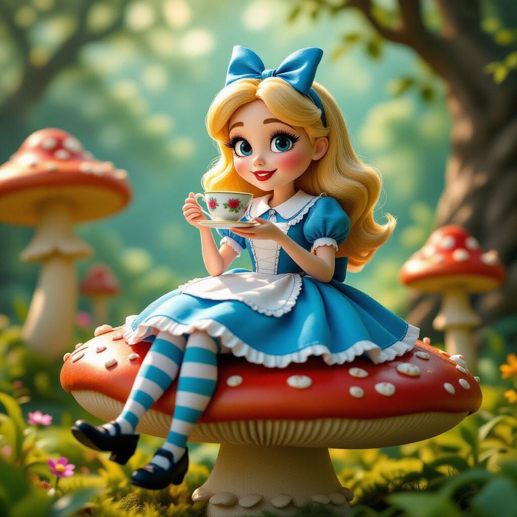 Felt Puppet Alice Sipping Tea on Mushroom