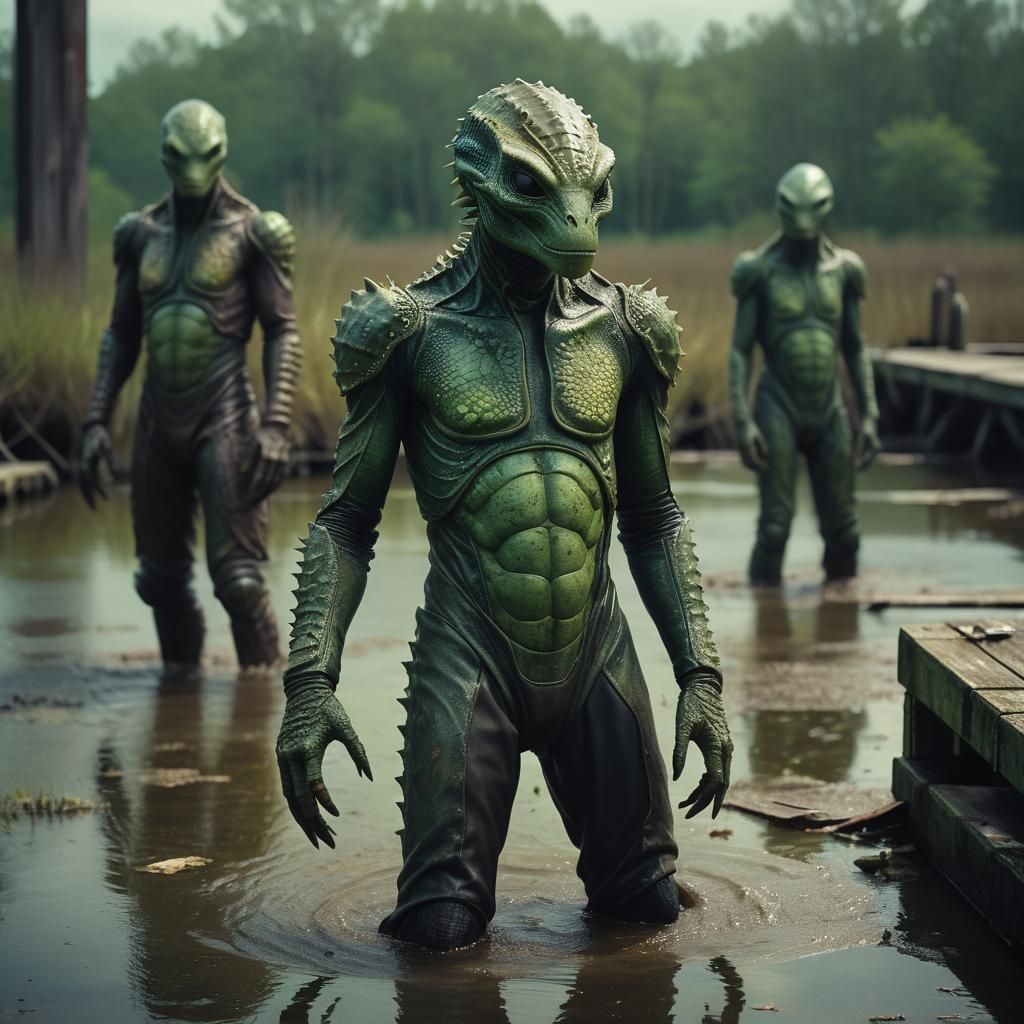 Epic Alien Reptilian Men Rise from Dark Swampy Waters