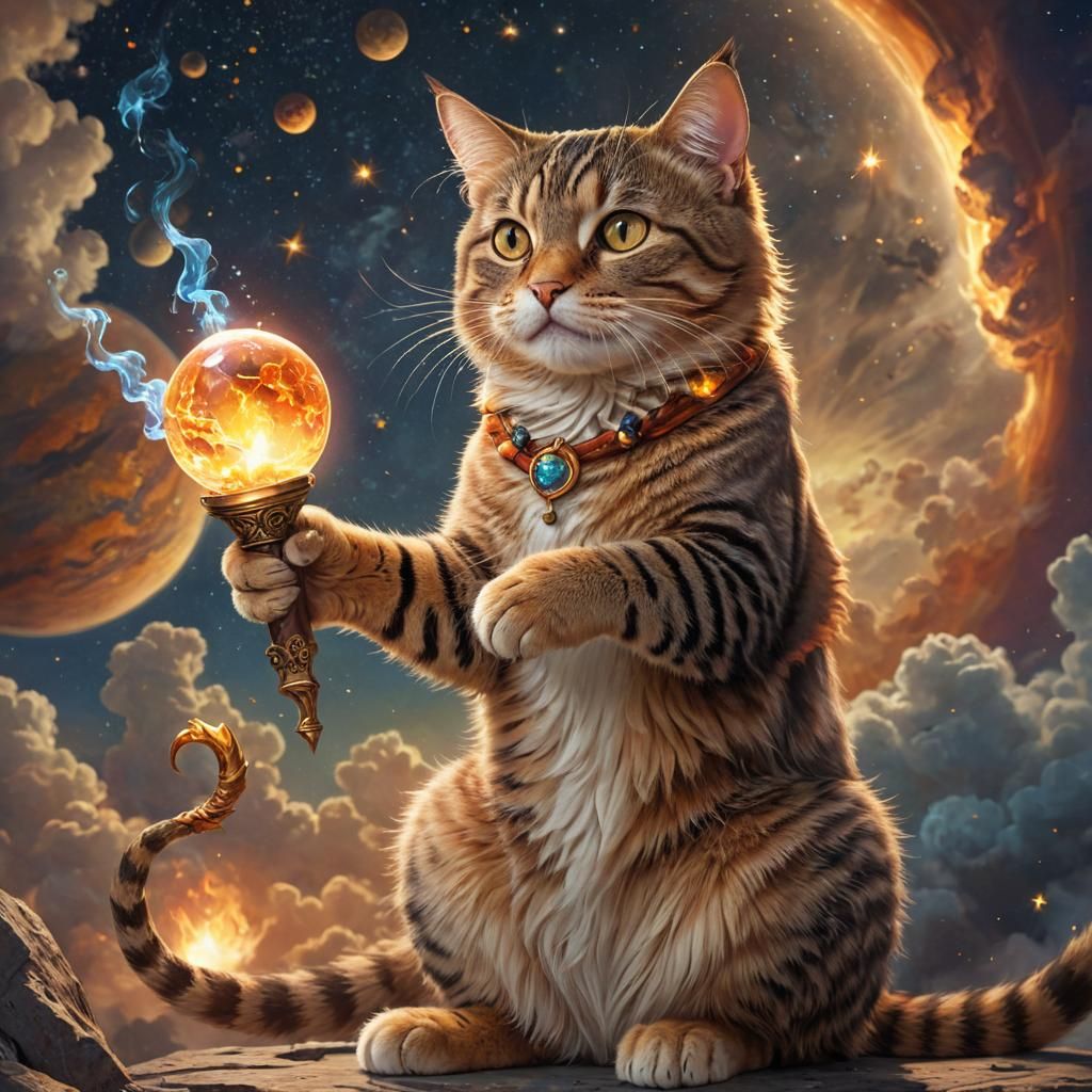 Magical Cat amidst Vibrant Celestial Wonders