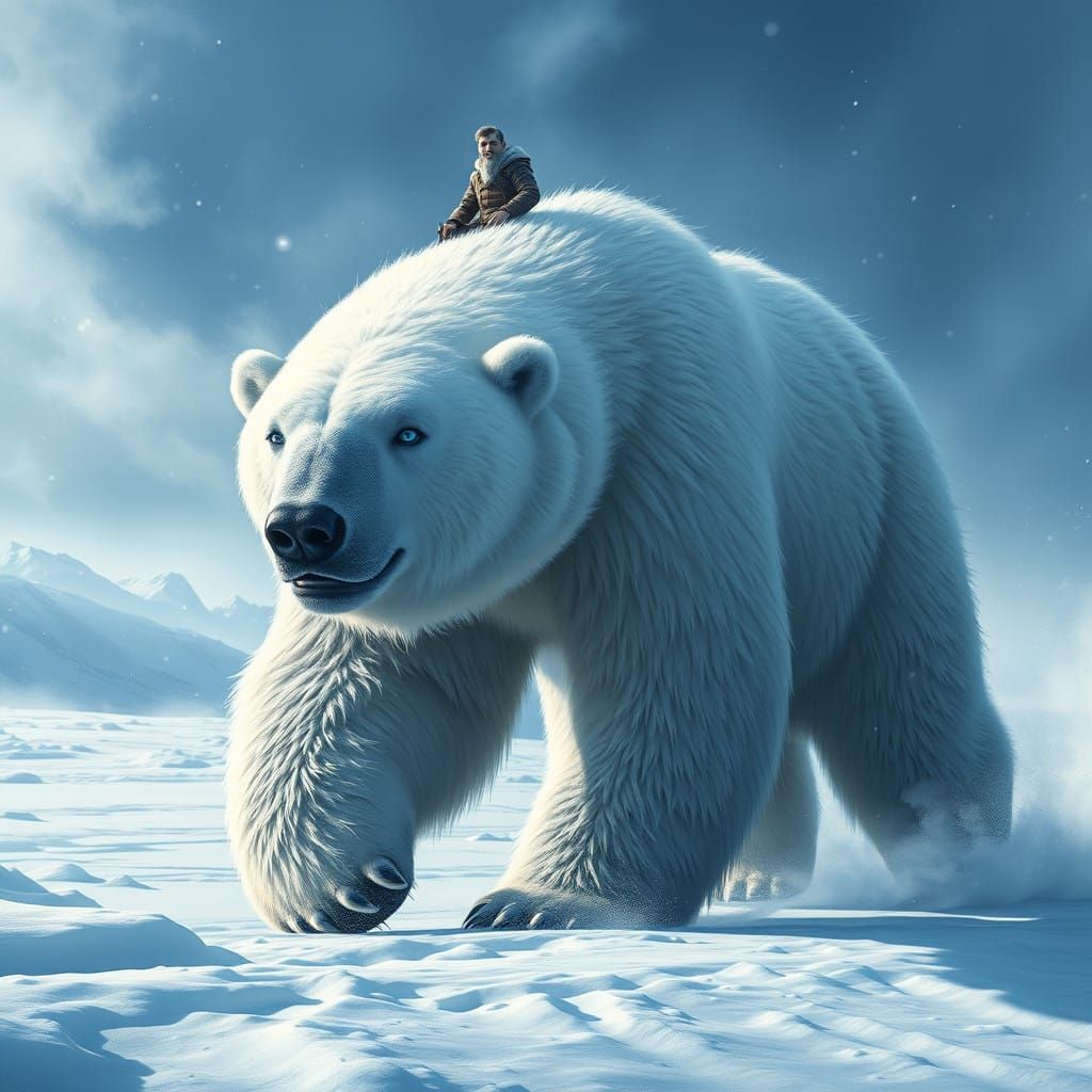 Majestic Polar Bear Rides Through Icy Wilderness in Fantasy....