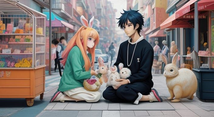 Whimsical Street Corner Scene in Vibrant Anime Style