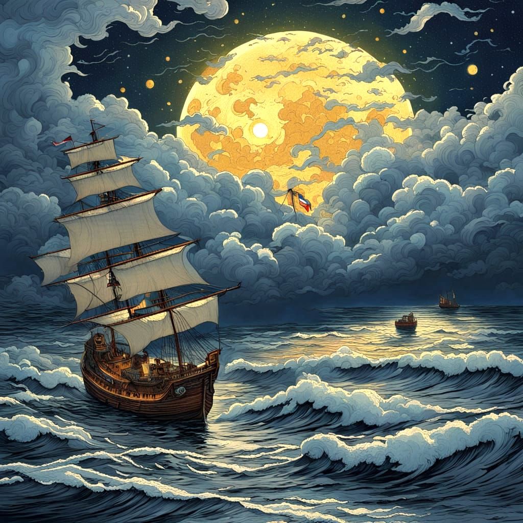 Pirate Ship Socks with Glowing Moon in Triadic Colors