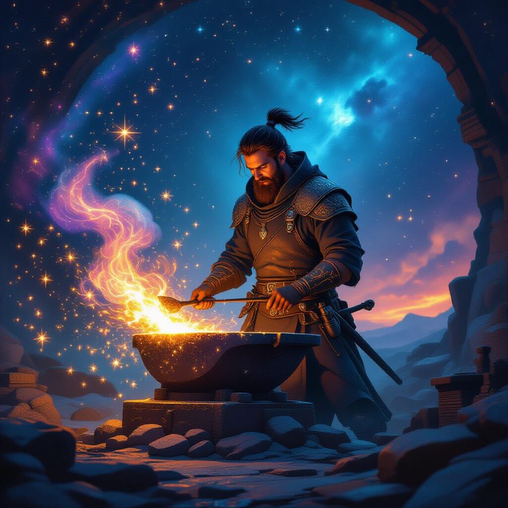 Celestial Blacksmith Forging Dreams in Starry Forge