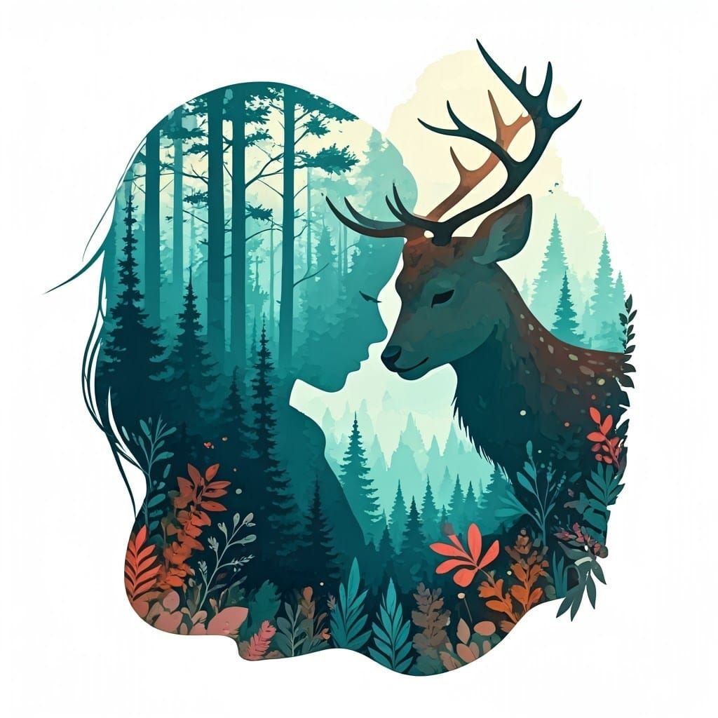 Whimsical Girl and Deer in Dreamlike Forest Landscape