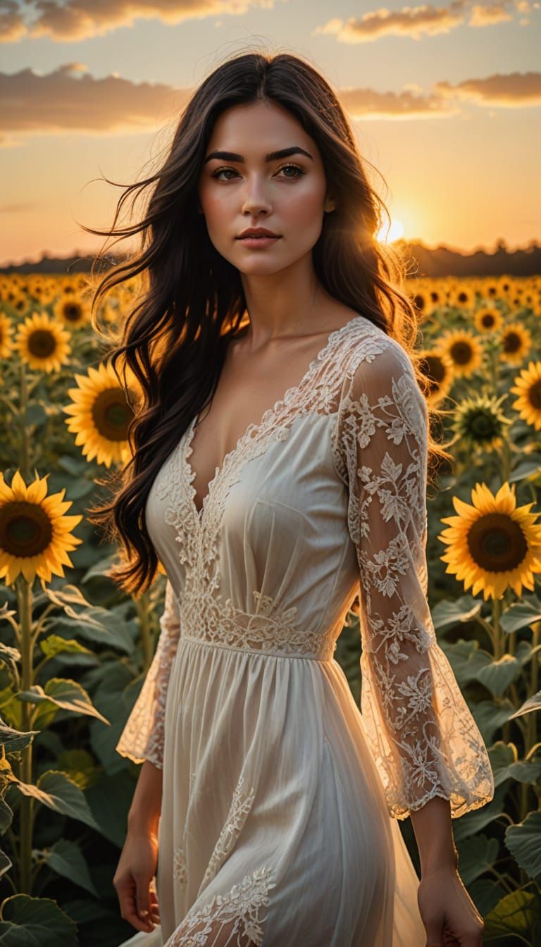 Woman in Sunflower Field at Sunset, Impressionistic Style