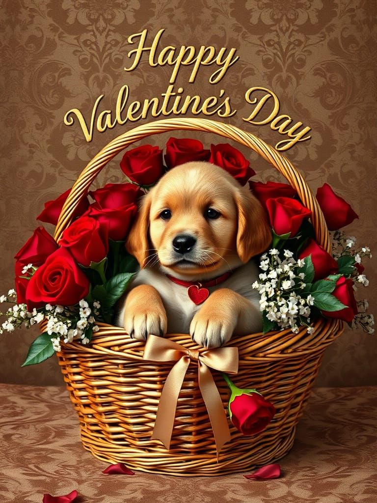 Golden Retriever Puppy in Vintage Gilded Basket with Roses a...
