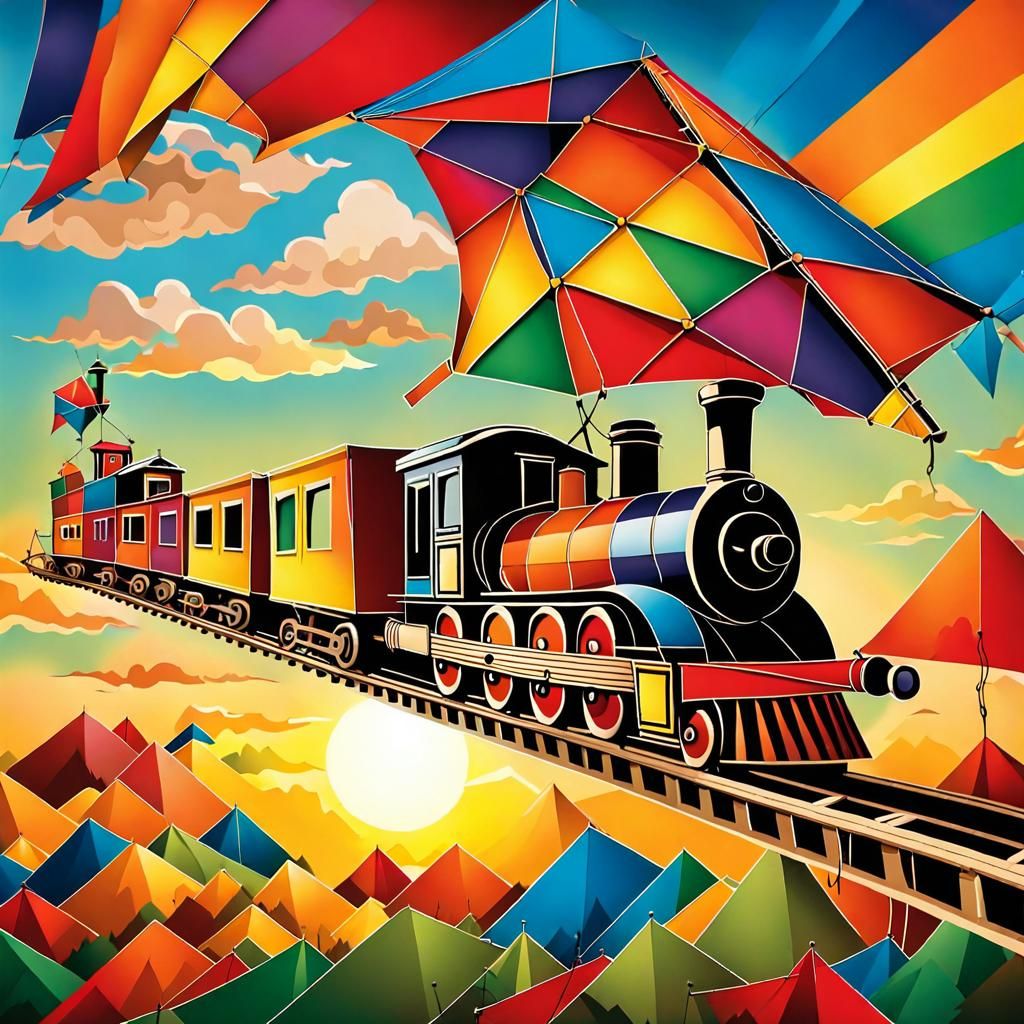 Vibrant Train-Shaped Kite Soars in Sunset Skies