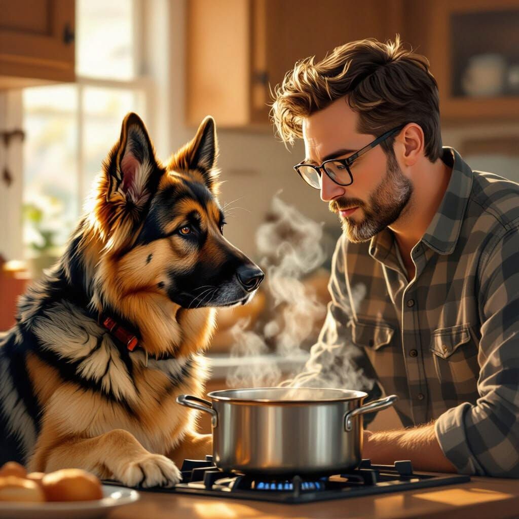 German Shepherd Quizzes Man Cooking in Realistic Oil Paintin...