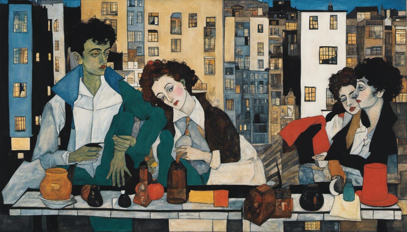 City Night Scene in Expressionist Folk Art Style