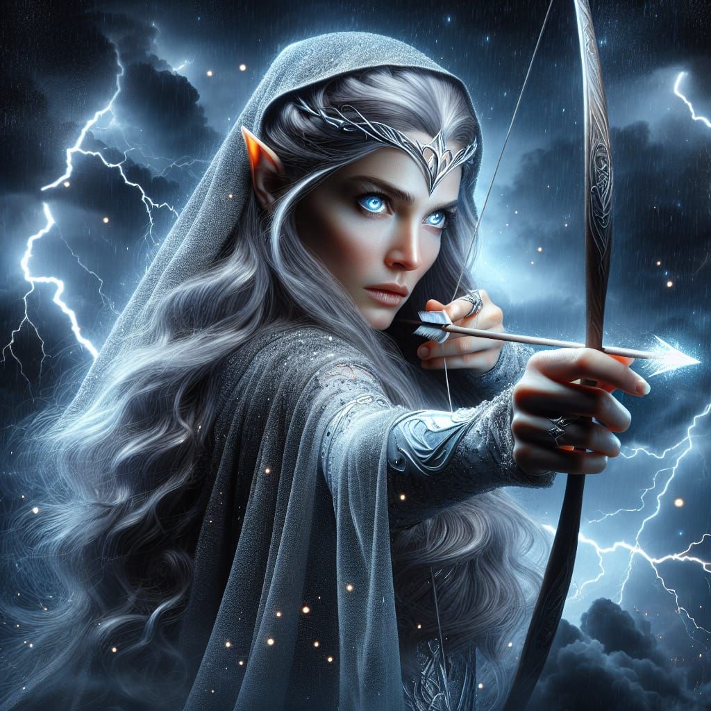 Majestic Elf Maiden Aiming Glowing Arrow