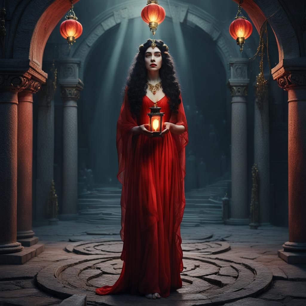 Ethereal Hekate Goddess Emerges from the Underworld in Red G...
