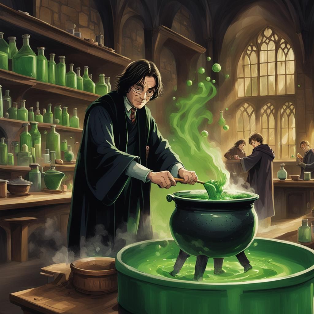 Harry Potter just invented an unfortunate potion that swaps his head with Snape's head.