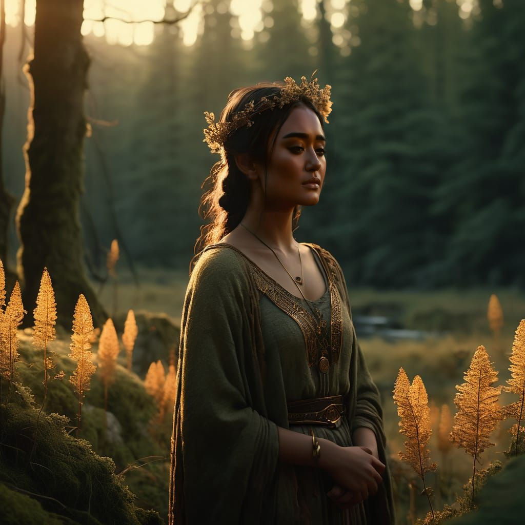 At the edge of the forest, where light meets shadow, she stands with a crown of dried wildfl...