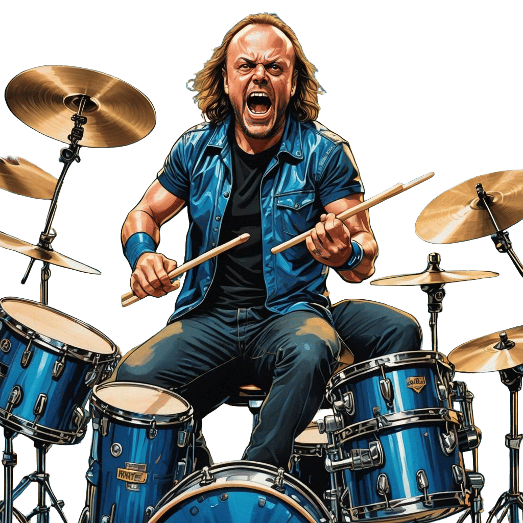 Cartoon Lars Ulrich Drumming in White Background