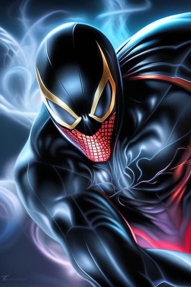 Symbiote Spiderman Battle Scene in Cyberpunk Digital Paintin...